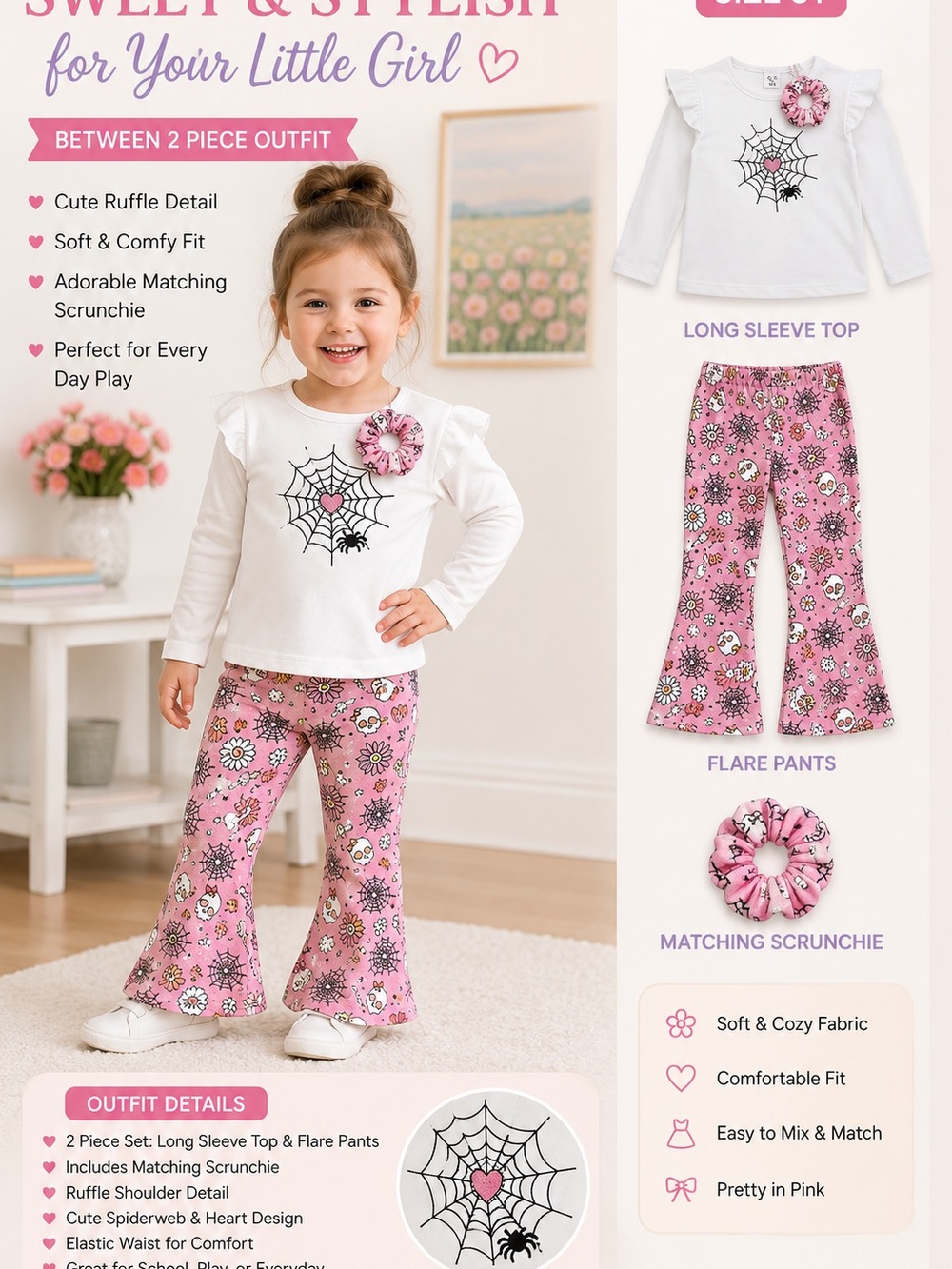 btween Pink Spiderweb Heart Ruffle Pajama Set with Matching Scrunchie